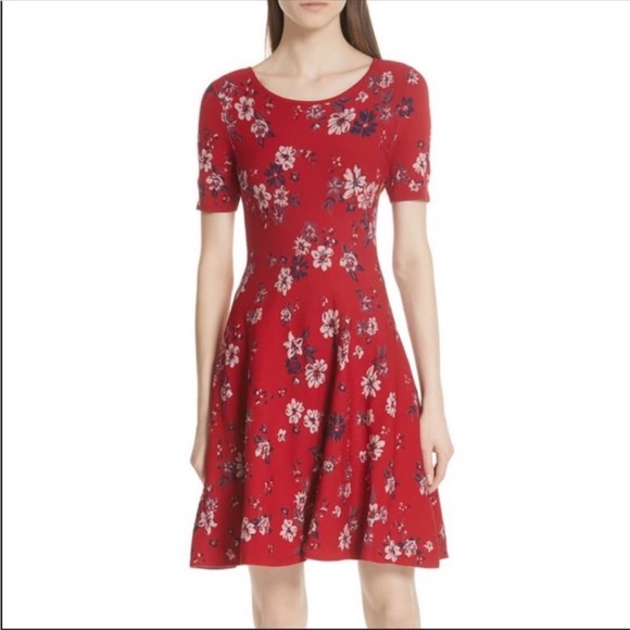 MILLY TWILIGHT Red Floral FLARE Dress Zip Back Closure ➡️15”⬇️37” $498 MSRP - Picture 1 of 6